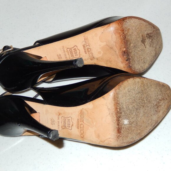 Jimmy Choo 36 6 Black Patent Peeptoe Slingback Heels Shoes Pumps Authentic - Picture 9 of 11